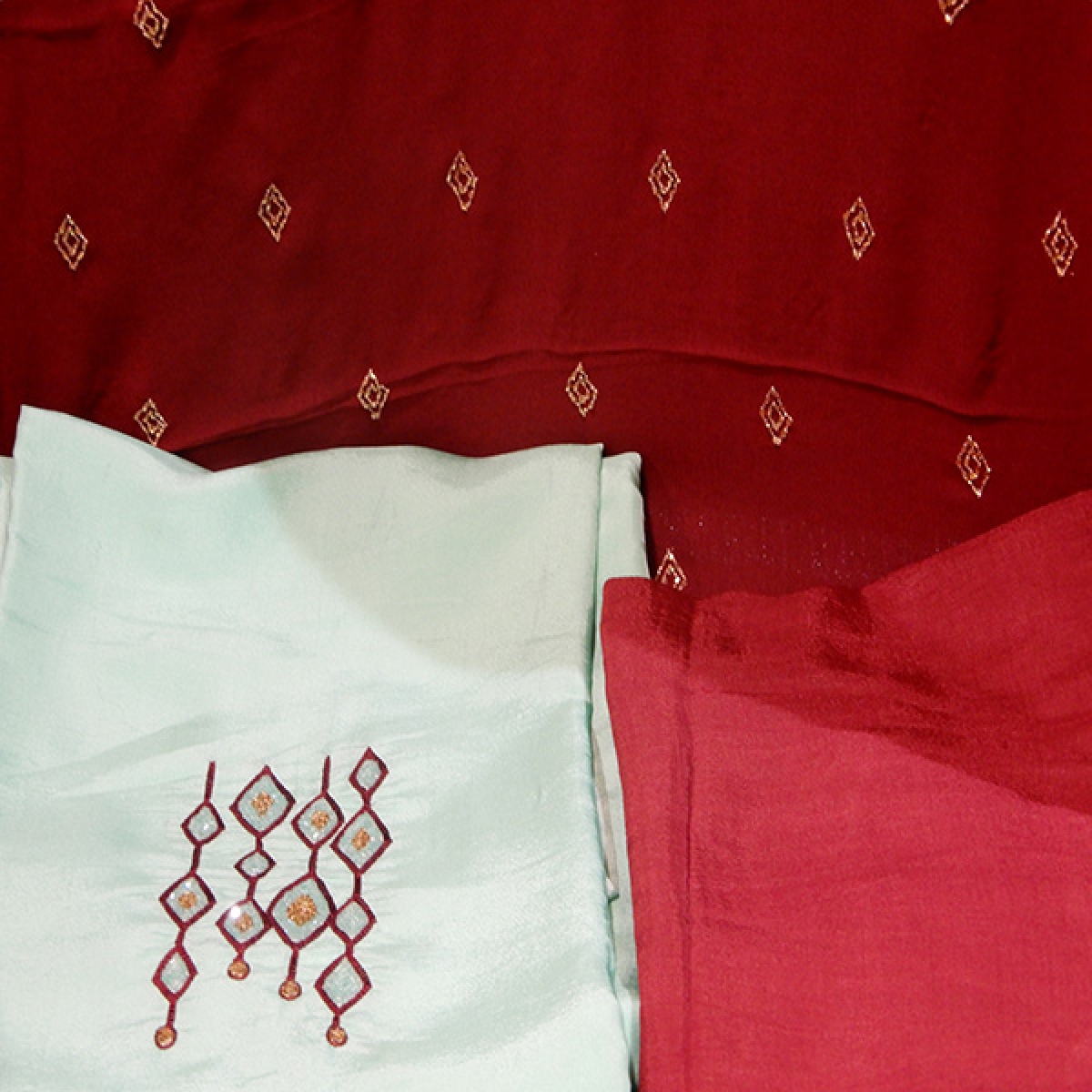 Pista green uppada silk salwar top with handwork and maroon shawl  with hand work and raw cotton bottom